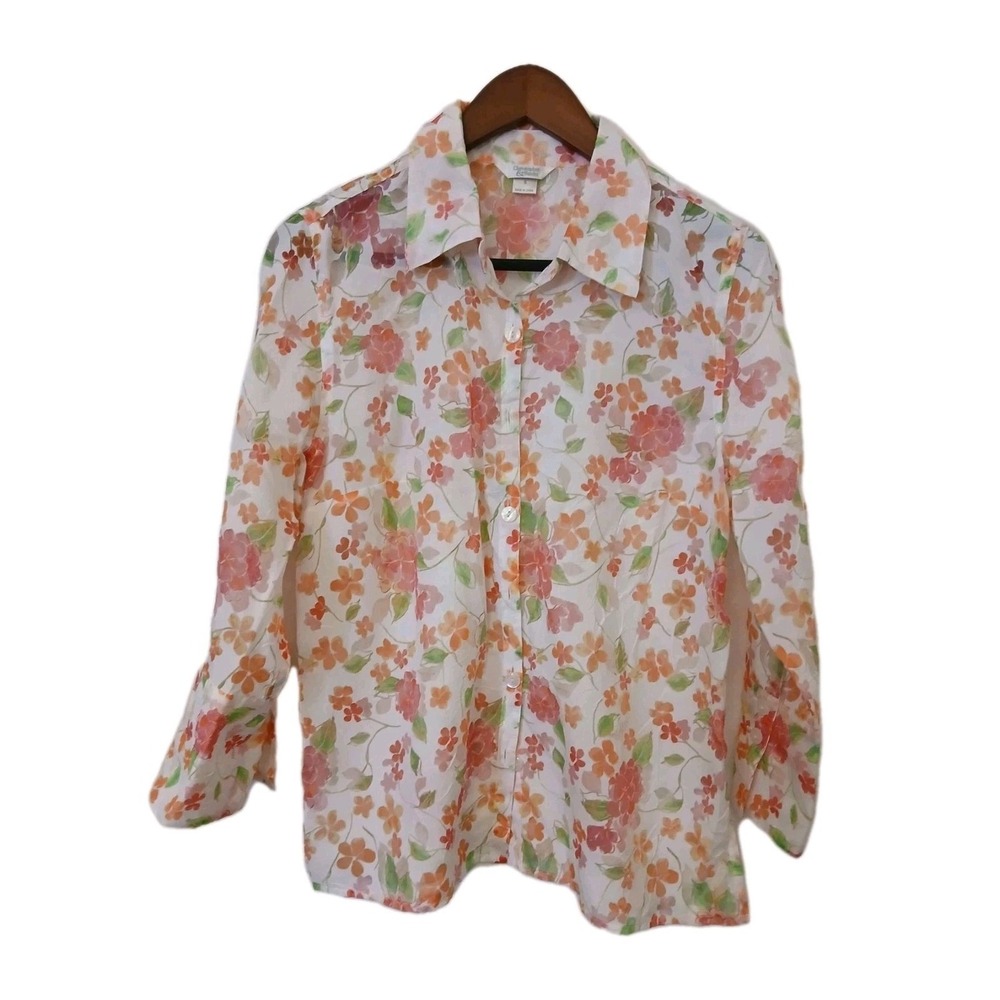 Christopher & Banks Pink Floral Sheer‎ Button-Down Top/Blouse Small #499C